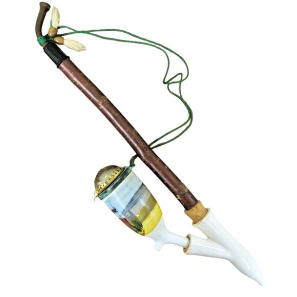 Vintage German Porcelain Hunting Tobacco Pipe W/ Natural Branch Stem 13" Moose - Picture 1 of 8